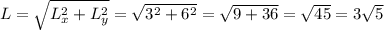 L=\sqrt{L_x^2+L_y^2} =\sqrt{3^2+6^2}=\sqrt{9+36} =\sqrt{45} =3\sqrt{5}