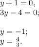 y + 1 = 0 ,\\3y - 4 = 0 ;\\\\y = -1 ;\\y = \frac{4}{3} .