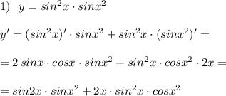 1)\ \ y=sin^2x\cdot sinx^2\\\\y'=(sin^2x)'\cdot sinx^2+sin^2x\cdot (sinx^2)'=\\\\=2\, sinx\cdot cosx\cdot sinx^2+sin^2x\cdot cosx^2\cdot 2x=\\\\=sin2x\cdot sinx^2+2x\cdot sin^2x\cdot cosx^2