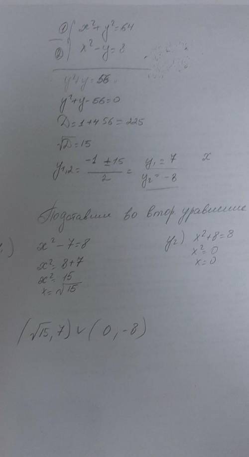 Решить систему уравнении: х^2+у^2=64 х^2-у=8