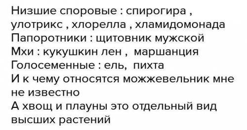 Выберите низшие растения А) папоротник Б) кукушкин лён В) улотрикс Г) спирогира Д) хлорелла3 врента