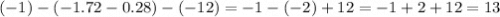 ( - 1) - ( - 1.72 - 0.28) - ( - 12) = - 1 - ( - 2) + 12 = - 1 + 2 + 12 = 13