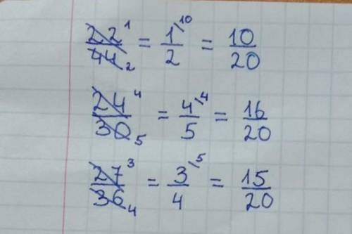 Сократить дробь и привести их к наименьшиму общему знаменателю 22/44 24/30 и 27/36​