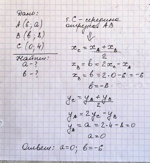 Найдите a и b, если точки А(6;а) и B(b;8) симметричны относительно точки C(0;4)