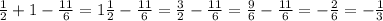 \frac{1}{2} + 1 - \frac{11}{6} = 1 \frac{1}{2} - \frac{11}{6} = \frac{3}{2} - \frac{11}{6} = \frac{9}{6} - \frac{11}{6} = - \frac{2}{6} = - \frac{1}{3}