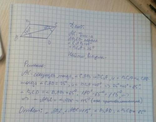 ABCD-параллелограмм, AC-биссектриса, угол CAB=40°, угол BCA=25°. Найти: все углы