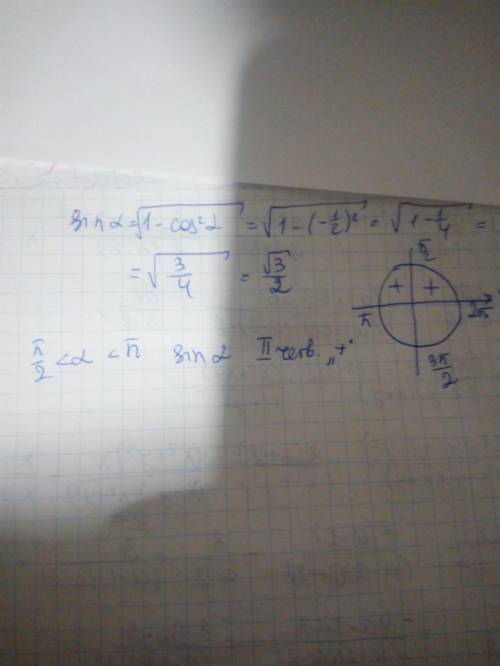 Найдите sinα,если cosα=-1/2; π/2<α<π ​