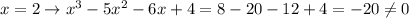 x=2\to x^3-5x^2-6x+4 = 8-20-12+4=-20\neq0