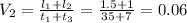 V_{2} = \frac{l_{1} + l_{2}}{t_{1} + t_{3}} = \frac{1.5 + 1}{35 +7} =0.06