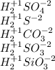 H_{2}^{+1}SO_{4}^{-2} \\H_{2}^{+1}S^{-2} \\H_{2}^{+1}CO_{3}^{-2}\\H_{2}^{+1}SO_{3}^{-2}\\H_{2}^{+1}SiO_{3}^{-2}