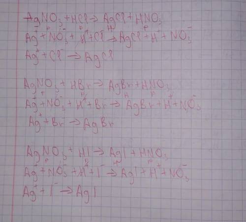 Написать уравнения реакций в молекулярной и ионной формах.   AgNO3 + HCl = AgNO3 + HBr = AgNO3 + HI 