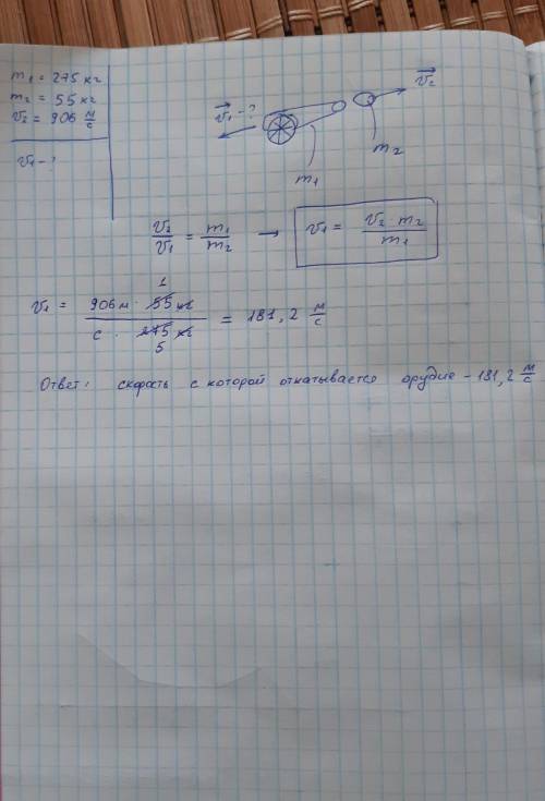 Масса пустого артиллерийского орудия — 275 кг, а масса снаряда — 55 кг. Скорость снаряда при вылете