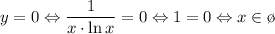 y=0\Leftrightarrow \dfrac1{x\cdot\ln x}=0\Leftrightarrow 1=0\Leftrightarrow x\in \o