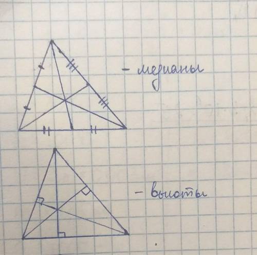 начертите три треуогльника, в одном из них выделите медианы, в другом высоты, а в третьем перпендику