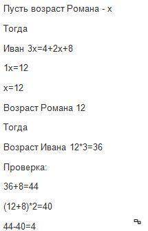 Сейчас Иван втрое старше Романа , а через 8 лет его возраст будет на 4 года больше , чем удвоенный в