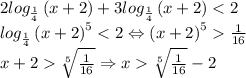 2log_{\frac{1}{4}}\left ( x+2 \right )+3log_{\frac{1}{4}}\left ( x+2 \right )\sqrt[5]{\frac{1}{16}}\Rightarrow x\sqrt[5]{\frac{1}{16}}-2