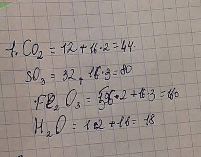 1. вычислите относительные молекулярные массы веществ: CO^2 SO^3 FE^2O^3 H^2O 2. рассчитайте массову