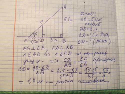 людина стоїть на відстані 3м від вуличного ліхтаря і відкидає тінь на 1,5 м. Яка людина на зріст якщ