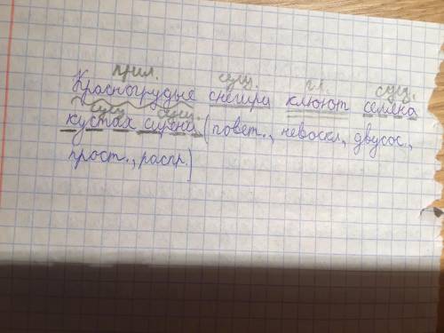 7) Сделайте синтаксический разбор Красногрудые снегири клюют семена на кустах сирени .()​