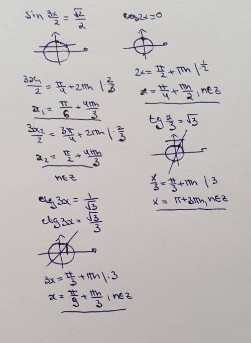 Тригонометрические уравнения Sin 3x/2=корень 2/2 Cos 2x=0 Tg x/3=корень 3 Ctg3x=1/корень 3