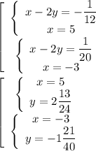 \left[\begin{array}{ccc}\left\{\begin{array}{ccc}x-2y=-\dfrac1{12}\\x=5\end{array}\right.\\\left\{\begin{array}{ccc}x-2y=\dfrac1{20}\\x=-3\end{array}\right.\end{array}\right.\\\left[\begin{array}{ccc}\left\{\begin{array}{ccc}x=5\\y=2\dfrac{13}{24}\end{array}\right.\\\left\{\begin{array}{ccc}x=-3\\y=-1\dfrac{21}{40}\end{array}\right.\end{array}\right.