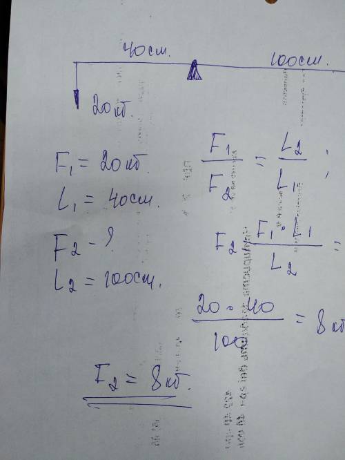 БИСТРО БУДЬ ЛАСКА Маса першого тягарця становить 20 кг . Визначте масу другого тягарця, якщо важіль