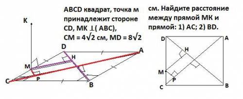квадрат, точка м належить стороні СD,MK L (ABC), см = 4√2 см, MD = 8√2 см. Знайдіть відстаньміж прям