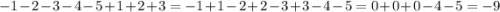 - 1 - 2 - 3 - 4 - 5 + 1 + 2 + 3 = -1 + 1 - 2 + 2 - 3 + 3 - 4 - 5 = 0 + 0 + 0 - 4 - 5 = - 9