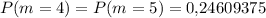 P(m=4)=P(m=5)=0{,}24609375