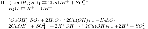 \bold{II.}~~(CuOH)_2SO_4 \rightleftarrows 2CuOH^+ + SO_4^2^-\\~~~~~~H_2O \rightleftarrows H^+ + OH^-\\\\~~~~~~(CuOH)_2SO_4 + 2H_2O \rightleftarrows 2Cu(OH)_2\downarrow + H_2SO_4\\~~~~~~2CuOH^+ + SO_4^2^- + 2H^+OH^- \rightleftarrows 2Cu(OH)_2\downarrow + 2H^+ + SO_4^2^-