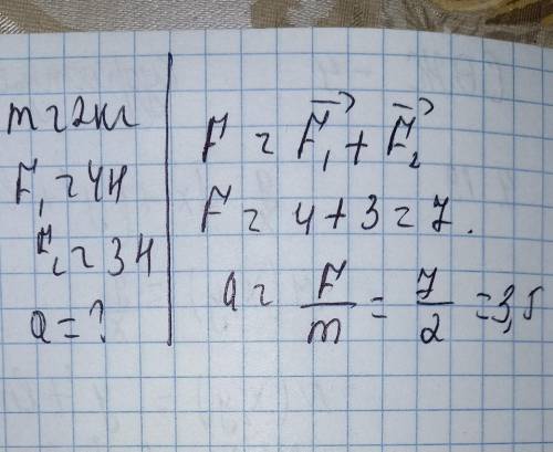 2. На тело массой 2 кг действуют силы F1=4H и F2=3H, направленные на север и запад соответственно. Ч