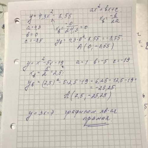 Определи координаты вершины параболы y=4,3x2−8,55.Найди координаты вершины параболы y=1x2−5x−19.Граф