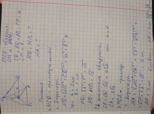 Пряма CM перпендикулярна до площи ни квадрата ABCD із стороною a, CM = b. Знайдіть відстань від точ