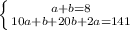 \left \{ {{a+b=8} \atop {10a+b+20b+2a=141}\\} \right.