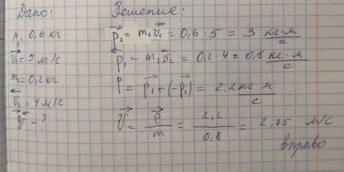 Шарик массой 600 г движется вправо со скоростью 5 м/с, навстречу ему движется шарик массой 200 г со