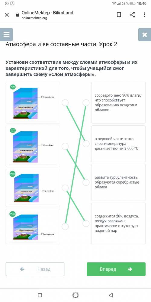Установи соответствие между слоями атмосферы и их характеристикой для того, чтобы учащийся смог заве