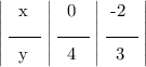 \left|\;{\begin{array}{}\;\;x\\\line(1,0)9\line(1,0)9\\\;\;y\end{array}\;\right|\left\begin{array}{}\;\;0\\\line(1,0)9\line(1,0)9\\\;\;4\end{array}\;\right|\left\begin{array}{}\;-2\\\line(1,0)9\line(1,0)9\\\;\;3\end{array}\;\right|