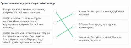 Ереже мен мысалдарды өзара сәйкестендір. Жоғары дәрежелі қызмет аттарының әрбір сөзі бас әріппен жаз