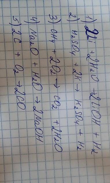 1. _Li + -H,0 = -LiOH + H2 2. H,SO+ _K = K,SOA + H23. CH, + _O, = CO, + _H2O4. Na O + H,0 = _NaOH5.