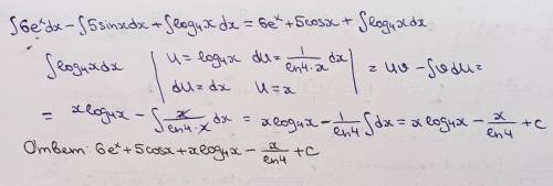 с математикой Вычислить интеграл: Интеграл(6e^x - 5sinx + log4x)dx