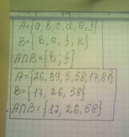 Найдите пересечение множества А и В, если: а) А = {a,b,c,d,e,f}, B ={ b,e,f,k}. б) А = {26,39,5,58,