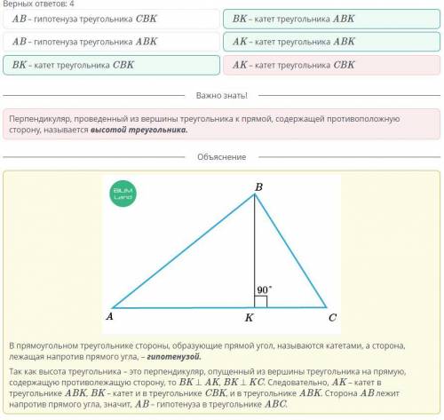 Треугольнике ABC проведена высота BK. Выбери верные утверждения. Верных ответов: 4 AB – гипотенуза т