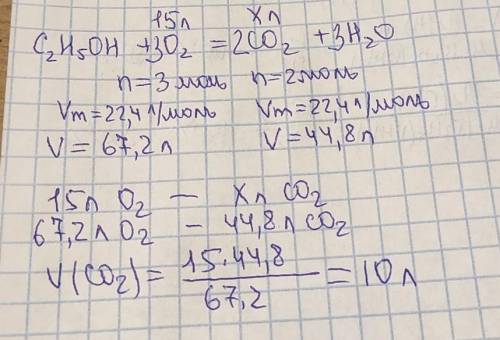 скільки літрів вуглекислого газу виділиться при взаємодії 15л кисню з етиловим спиртом​