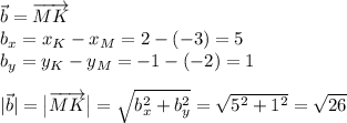 \vec b=\overrightarrow{MK}\\b_x=x_K-x_M=2-(-3)=5\\b_y=y_K-y_M=-1-(-2)=1\\\\|\vec b|=\big|\overrightarrow{MK}\big|=\sqrt{b_x^2+b_y^2}=\sqrt{5^2+1^2}=\sqrt{26}