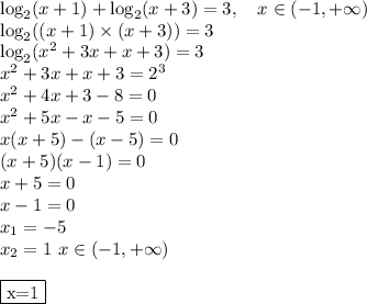 \log_2(x+1)+\log_2(x+3)=3,\quad x \in (-1, + \infty)\\\log_2((x+1)\times(x+3))=3\\\log_2(x^2+3x+x+3)=3\\x^2+3x+x+3=2^3\\x^2+4x+3-8=0\\x^2+5x-x-5=0\\x(x+5)-(x-5) = 0\\(x+5)(x-1)=0\\x+5=0\\x-1=0\\x_1 = -5 \\x_2=1\ x \in (-1,+\infty)\\\\\fbox{x=1}