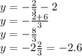 y = - \frac{2}{3} - 2 \\ y = - \frac{2 + 6}{3} \\ y = - \frac{8}{3} \\ y = - 2 \frac{2}{3} = - 2.6