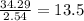 \frac{34.29}{2.54} = 13.5