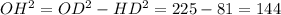 OH^{2} =OD^{2} -HD^{2} =225-81=144