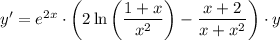 y'=e^{2x}\cdot\left(2\ln\left( \dfrac{1+x}{x^2}\right) -\dfrac{x+2}{x+x^2}\right)\cdot y