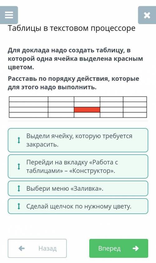 Для доклада надо создать таблицу, в которой одна ячейка выделена красным цветом. Расставь по порядку